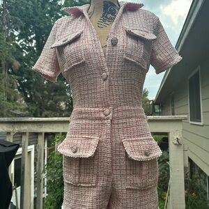 Fashion Nova Pink Tweed Button-Up Jumpsuit